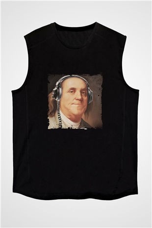 Benjamin Franklin Baskılı Unisex Siyah Kolsuz Tişört