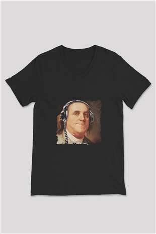 Benjamin Franklin Baskılı Unisex Siyah V Yaka Tişört