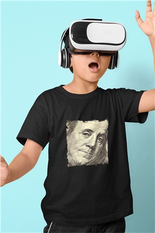 Benjamin Franklin Baskılı Unisex Siyah Çocuk Tişört