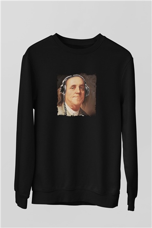 Benjamin Franklin Baskılı Unisex Siyah Sweatshirt
