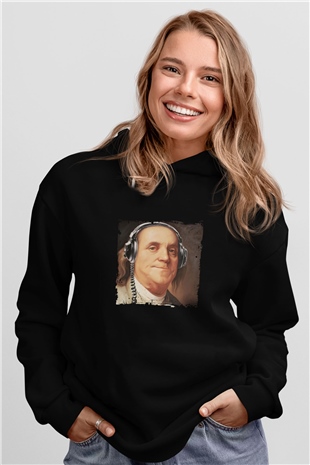 Benjamin Franklin Baskılı Unisex Siyah Hoodie