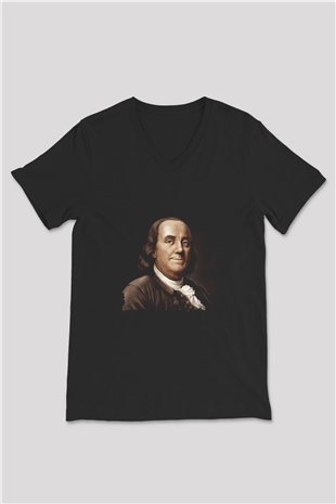 Benjamin Franklin Baskılı Unisex Siyah V Yaka Tişört