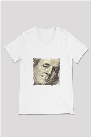 Benjamin Franklin Baskılı V Yaka Unisex Beyaz Tişört