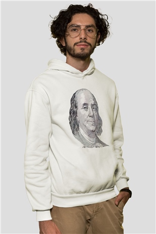 Benjamin Franklin Beyaz Unisex Kapüşonlu Sweatshirt