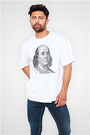 Benjamin Franklin Beyaz Oversize Tişört Oversize T-shirt - TişörtFabrikası