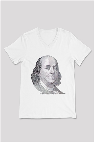 Benjamin Franklin Beyaz Unisex V Yaka Tişört
