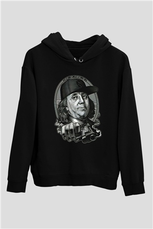Benjamin Franklin Siyah Unisex Kapüşonlu Sweatshirt