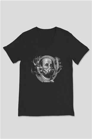 Benjamin Franklin Siyah Unisex V Yaka Tişört