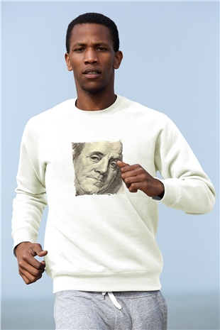 Benjamin Franklin Unisex Baskılı Beyaz Sweatshirt