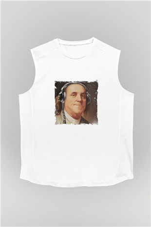 Benjamin Franklin Unisex Baskılı Beyaz Kolsuz Tişört