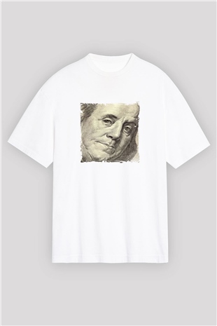 Benjamin Franklin Oversize Baskılı Beyaz Tişört