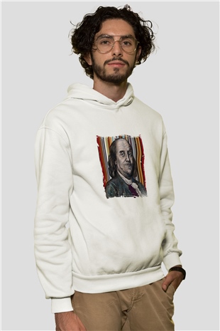 Benjamin Franklin Unisex Baskılı Beyaz Kapüşonlu Sweatshirt