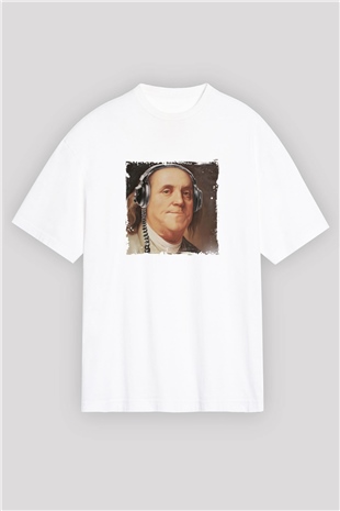Benjamin Franklin Oversize Baskılı Beyaz Tişört