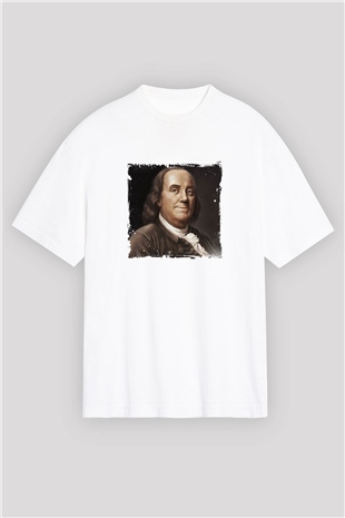 Benjamin Franklin Oversize Baskılı Beyaz Tişört