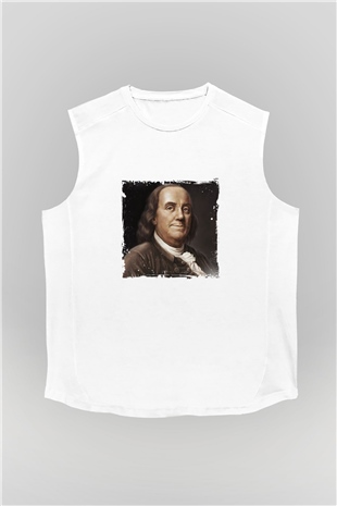 Benjamin Franklin Unisex Baskılı Beyaz Kolsuz Tişört