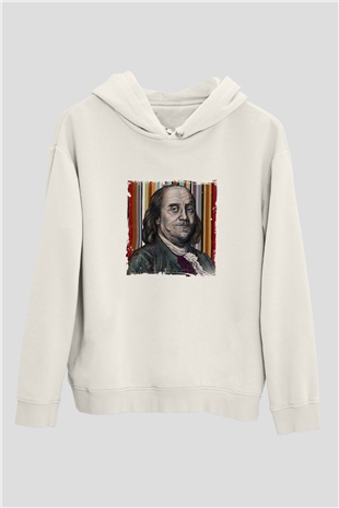 Benjamin Franklin Unisex Baskılı Beyaz Kapüşonlu Sweatshirt