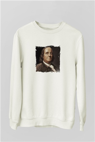 Benjamin Franklin Unisex Baskılı Beyaz Sweatshirt