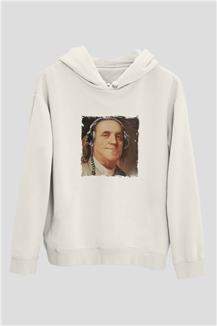 Benjamin Franklin Unisex Baskılı Beyaz Kapüşonlu Sweatshirt