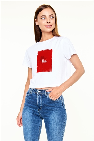 Benny Benassi Baskılı Beyaz Kadın Crop Top Tişört
