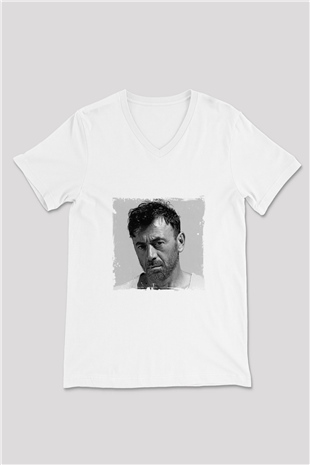 Benny Benassi Baskılı Beyaz V Yaka Unisex Tişört