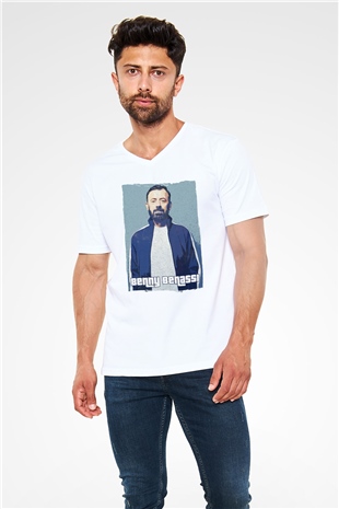 Benny Benassi Beyaz Unisex V Yaka Tişört