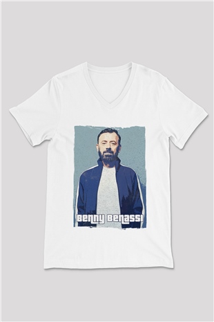 Benny Benassi Beyaz Unisex V Yaka Tişört