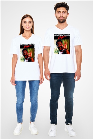 Beverly Hills Cop Beyaz Unisex  V Yaka Tişört