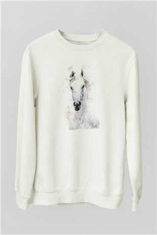 Beyaz At Baskılı Unisex Beyaz  Sweatshirt