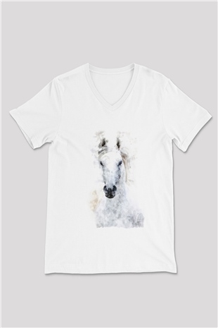 Beyaz At Baskılı Unisex Beyaz  V Yaka Tişört
