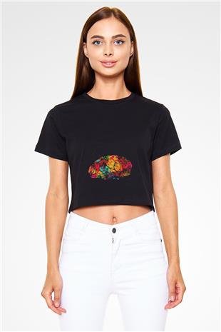 Beyin İllustrasyon Baskılı Crop Top Kadın Tİşört - Tshirt