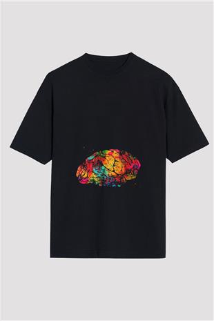 Beyin İllustrasyon Baskılı Unisex Oversize Tişört - Tshirt