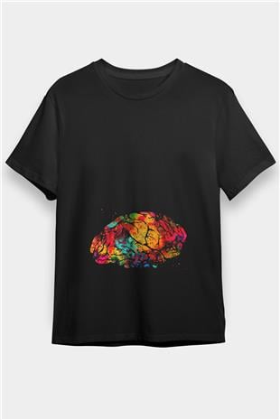 Beyin İllustrasyon Baskılı Unisex Siyah Tişört - Tshirt