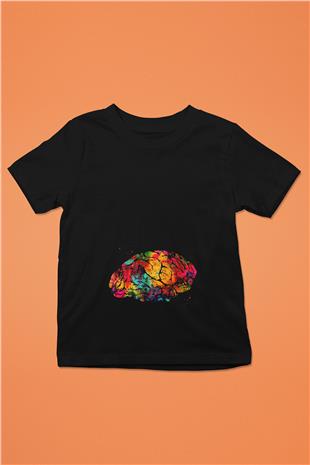 Beyin İllustrasyon Baskılı Unisex Siyah Çocuk Tişörtü - Tshirt