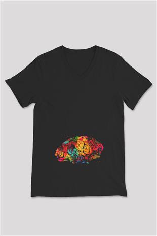 Beyin İllustrasyon Baskılı Unisex V Yaka Siyah Tİşört - Tshirt