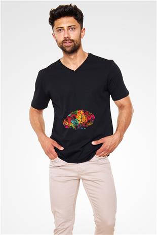 Beyin İllustrasyon Baskılı Unisex V Yaka Siyah Tİşört - Tshirt