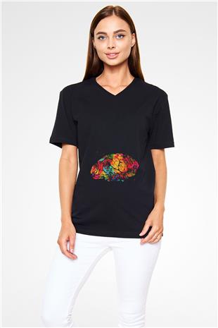 Beyin İllustrasyon Baskılı Unisex V Yaka Siyah Tİşört - Tshirt