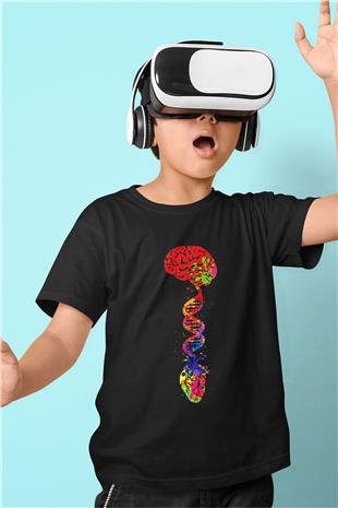 Beyin Omurga DNA Sarmalı Baskılı Unisex Siyah Çocuk Tişörtü - Tshirt