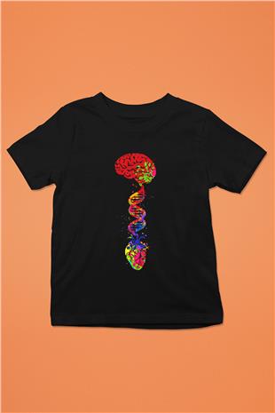 Beyin Omurga DNA Sarmalı Baskılı Unisex Siyah Çocuk Tişörtü - Tshirt