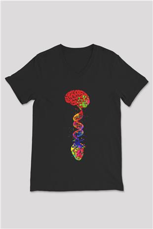 Beyin Omurga DNA Sarmalı Baskılı Unisex V Yaka Siyah Tİşört - Tshirt