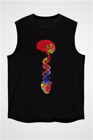 Beyin Omurga DNA Sarmalı Baskılı Unisex Kolsuz Siyah Tişört - Tshirt