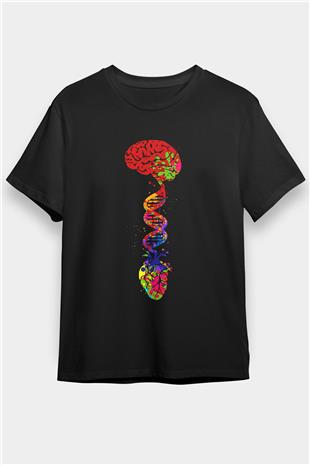 Beyin Omurga DNA Sarmalı Baskılı Unisex Siyah Tişört - Tshirt