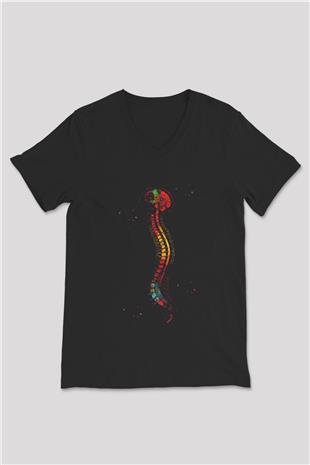Beyin ve Omurga Baskılı Unisex V Yaka Siyah Tİşört - Tshirt