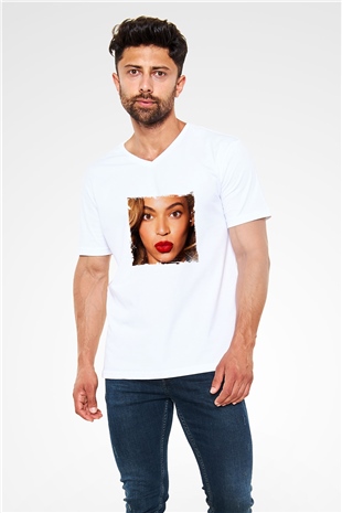 Beyonce Baskılı Beyaz V Yaka Unisex Tişört