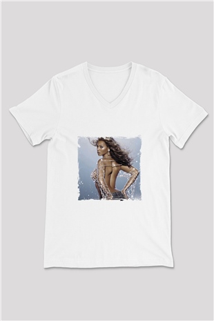 Beyonce Baskılı Beyaz V Yaka Unisex Tişört