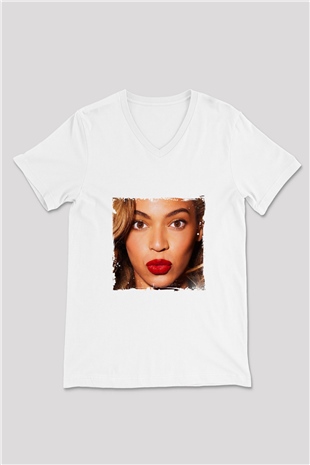Beyonce Baskılı Beyaz V Yaka Unisex Tişört