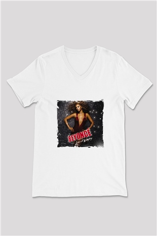 Beyonce Baskılı Beyaz V Yaka Unisex Tişört