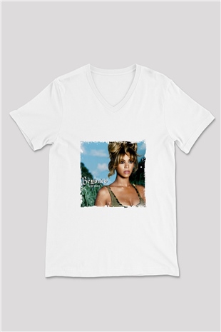Beyonce Baskılı Beyaz V Yaka Unisex Tişört