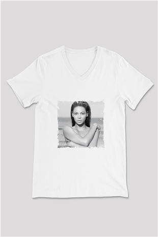 Beyonce Baskılı Beyaz V Yaka Unisex Tişört