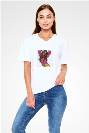 Beyonce Baskılı Beyaz V Yaka Unisex Tişört
