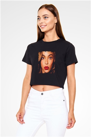 Beyonce Baskılı Crop Top Siyah Kadın Tişört